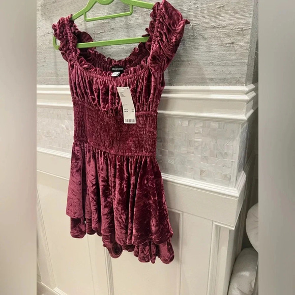 NWT new Urban Outfitters velvet romper SMALL red wine ruffle strap smocked dress - Picture 12 of 17